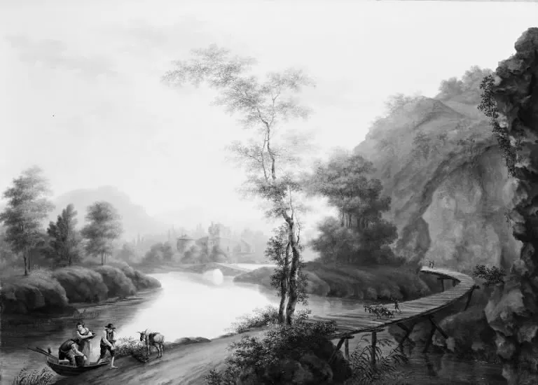 Bjerglandskab med en bro, by Heinrich August Grosch, oil, 1808