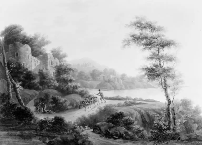 Bjerglandskab med ruiner, by Heinrich August Grosch