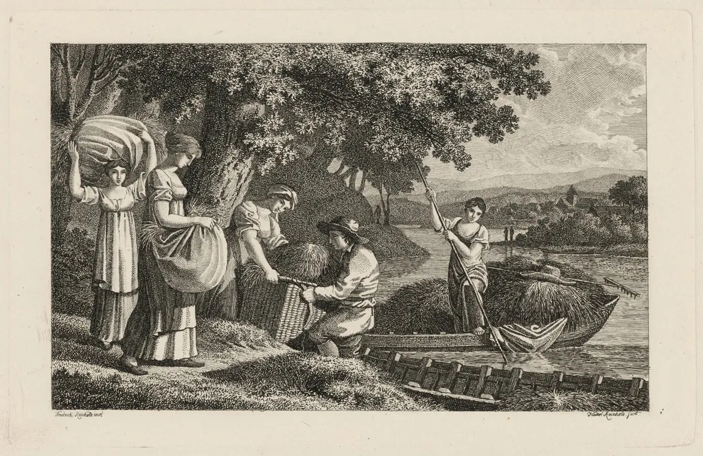 A Group of Peasants Loading Hay onto Boats, by Heinrich Carl Reinhold, ink, 1816