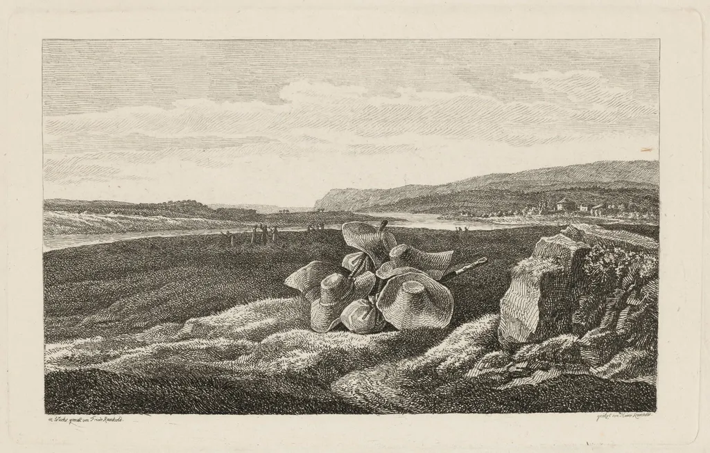 A Harvest Scene with Straw Hats Lying in a Field, by Heinrich Carl Reinhold, ink, 1816