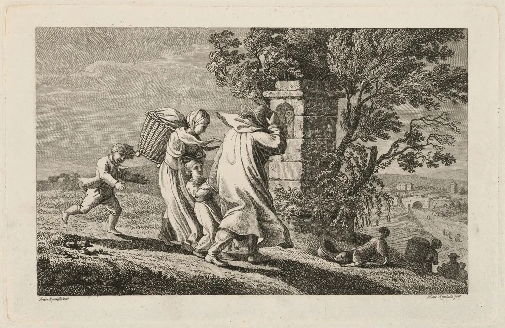 A Peasant Family Hurrying Past a Wayside Shrine in a Storm, by Heinrich Carl Reinhold, ink, 1816