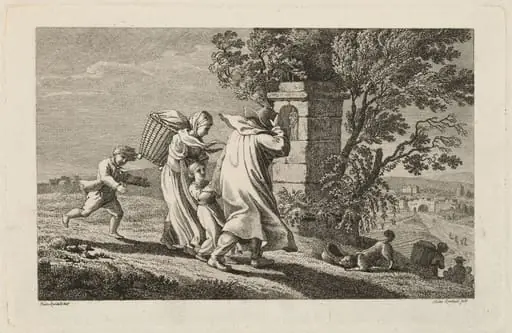 A Peasant Family Hurrying Past a Wayside Shrine in a Storm, by Heinrich Carl Reinhold