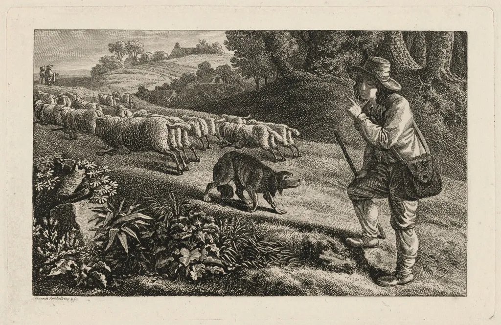 A Shepherd Scolding His Dog for Letting His Sheep Run Away, by Heinrich Carl Reinhold, ink, 1816