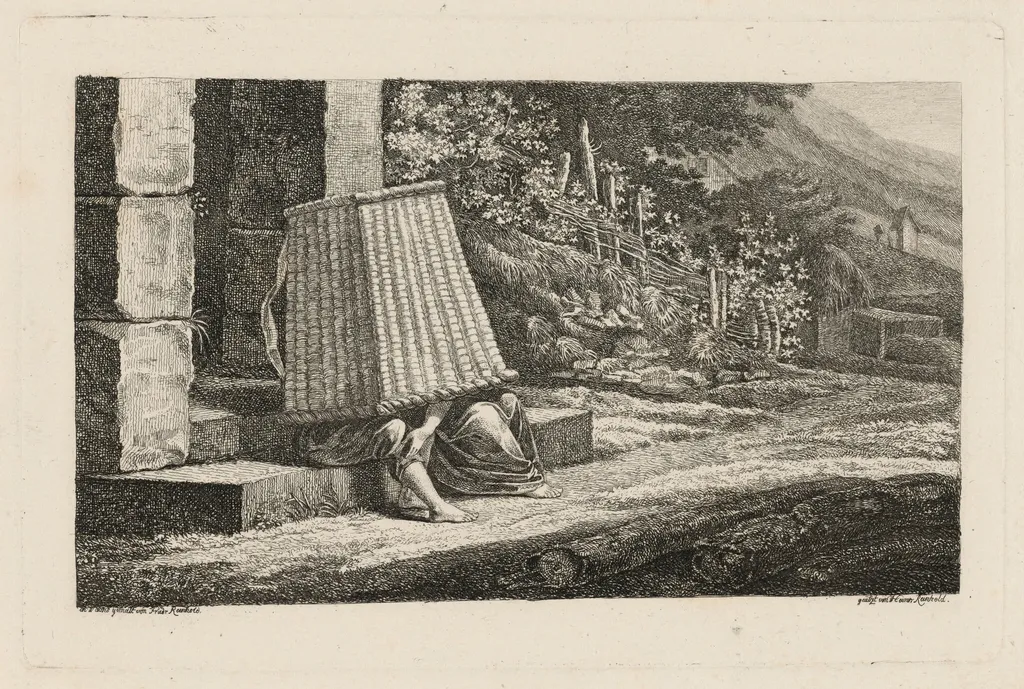 A Young Couple under a Large Wicker Basket, by Heinrich Carl Reinhold, ink, 1816