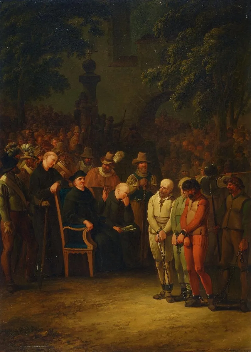 Der Abt von Engelberg begnadigt die Rädelsführer der aufrührerischen Talleute 1488, by Heinrich Freudweiler, oil