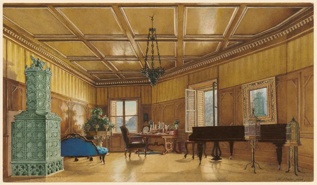 The Music Room of Archduchess Margarete, Princess of Saxony, in Schloss Ambras, by Heinrich von Förster, gouache, 1874