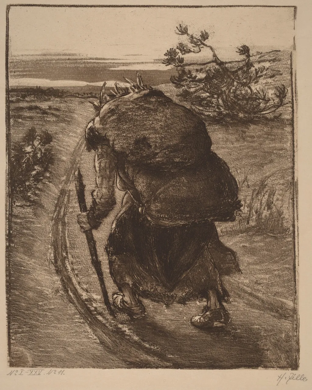 A Woman Carrying a Bundle of Sticks, by Heinrich Zille, ink, 1902