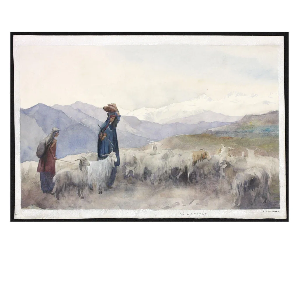 Shepherds in a mountain landscape, Kashmir, by Helen R. Pirie, paint