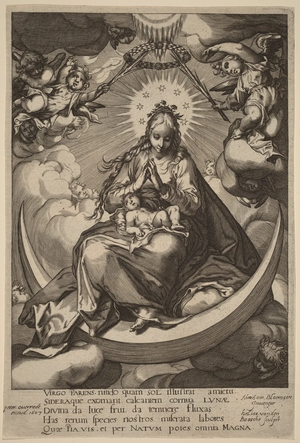 The Virgin and Child on the Crescent, by Helias van den Bossche, ink, 1607