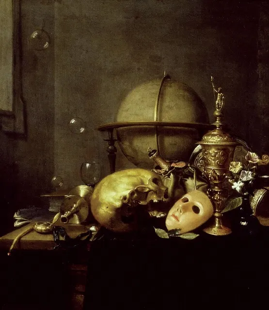 Vanitas still life with a mask, by Hendrick Andriessen, oil, 1650