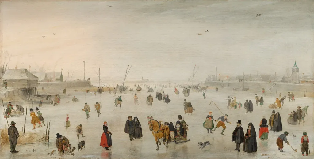 A Scene on the Ice, by Hendrick Avercamp, oil, 1625