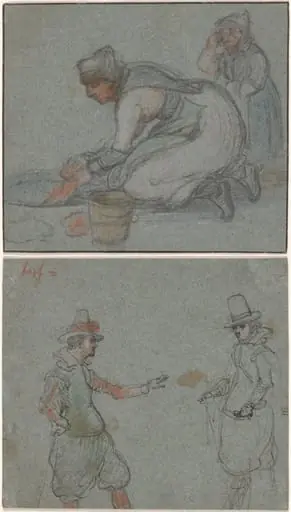 A Woman Doing Laundry in an Ice Hole (recto); Two Gentlemen (verso), by Hendrick Avercamp