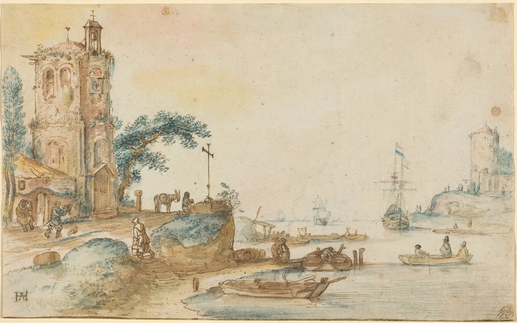Scene with a Tower to the Left, by Hendrick Avercamp, chalk, 1620