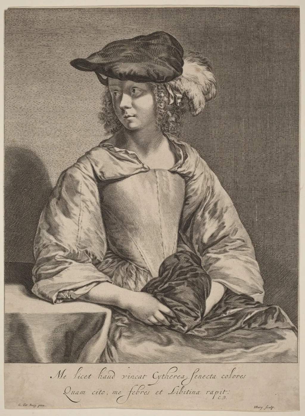 Girl in a Plumed Hat, by Hendrick Bary, ink, 1674