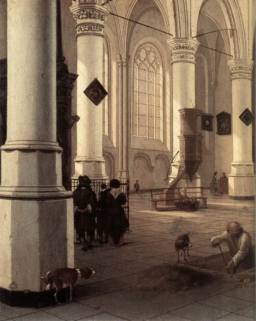Interior of the New Church of Delft with a man digging a grave, by Hendrick Cornelisz. van Vliet
