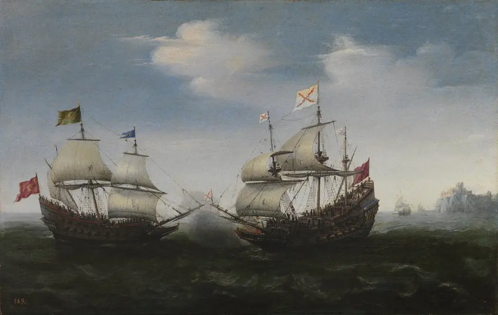 Naval Battle off a Rocky Coast, by Hendrick Cornelisz Vroom