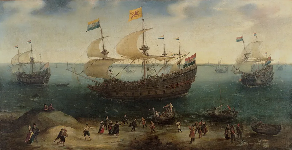 The Amsterdam four-master 'De Hollandse Tuyn' and other ships on their return from Brazil under the command of Paulus van Caerden, by Hendrick Cornelisz Vroom, oil, 1622