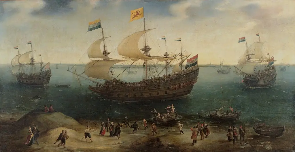 The Amsterdam four-master 'De Hollandse Tuyn' and other ships on their return from Brazil under the command of Paulus van Caerden, by Hendrick Cornelisz Vroom