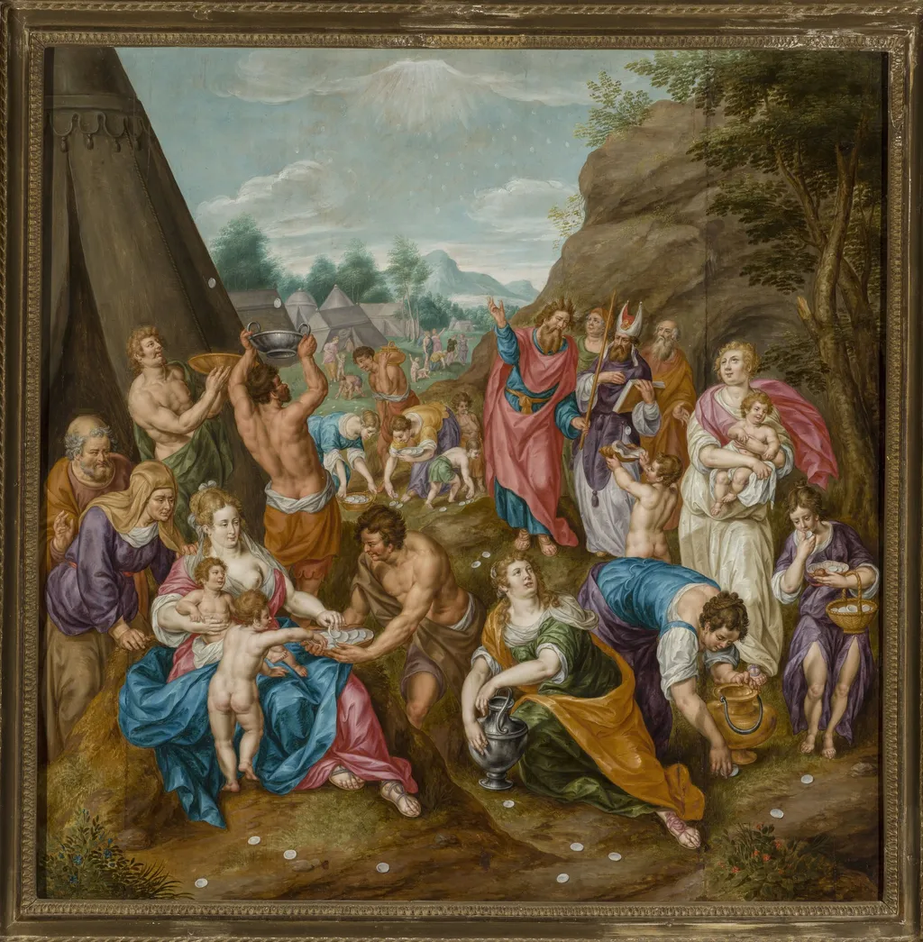 Gathering manna (Exodus 16:14-17), by Hendrick de Clerck, oil, 1605