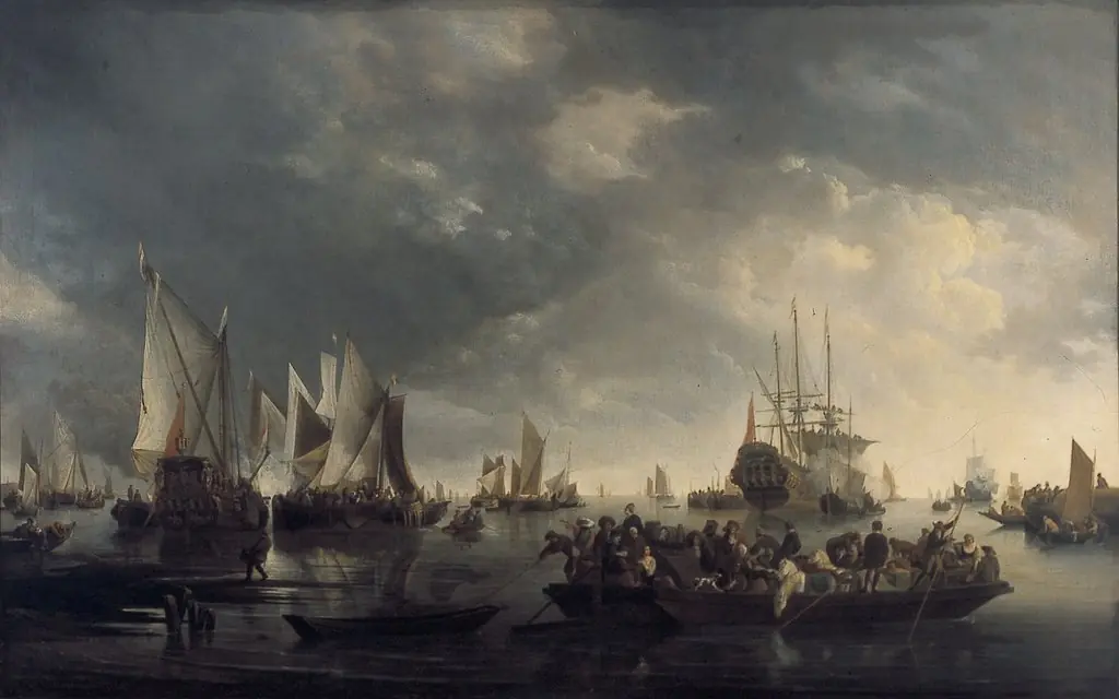 Haven met zeilschepen en ponteveer, by Hendrick Dubbels