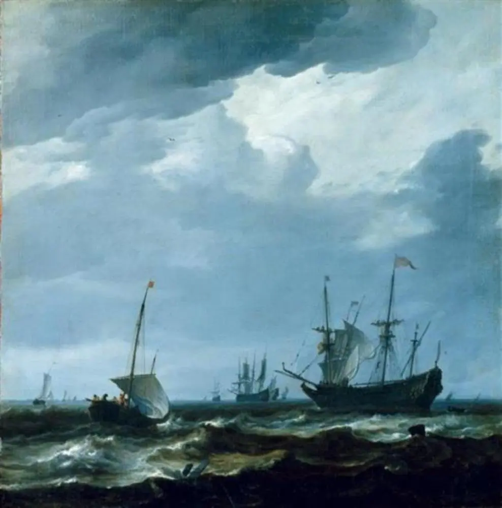 Ships on open water, a frigate on the right, by Hendrick Dubbels