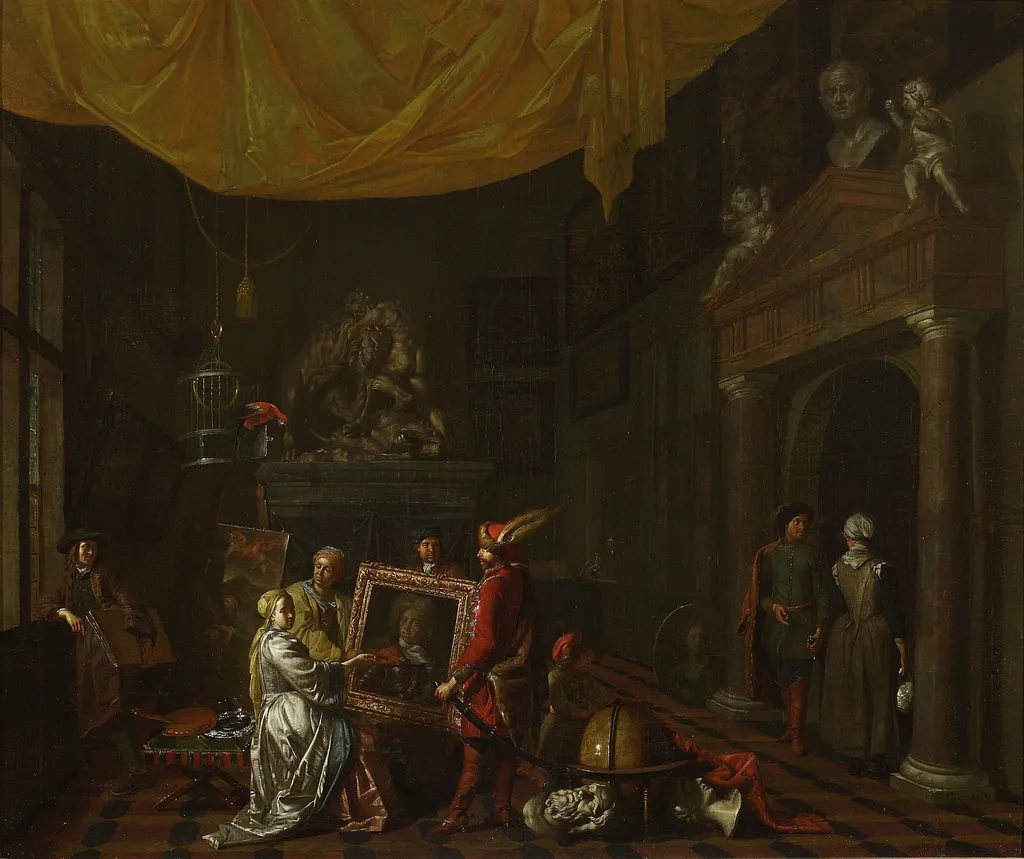 Visit to the painter's studio, by Hendrick Govaerts, oil, 1704