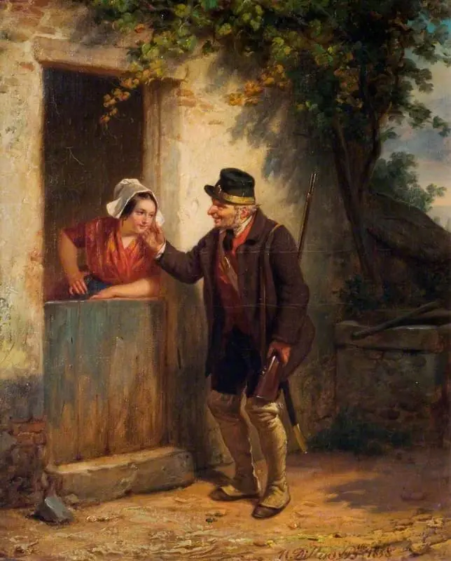 A Gamekeeper and a Woman at a Cottage Door, by Hendrick Joseph Dillens