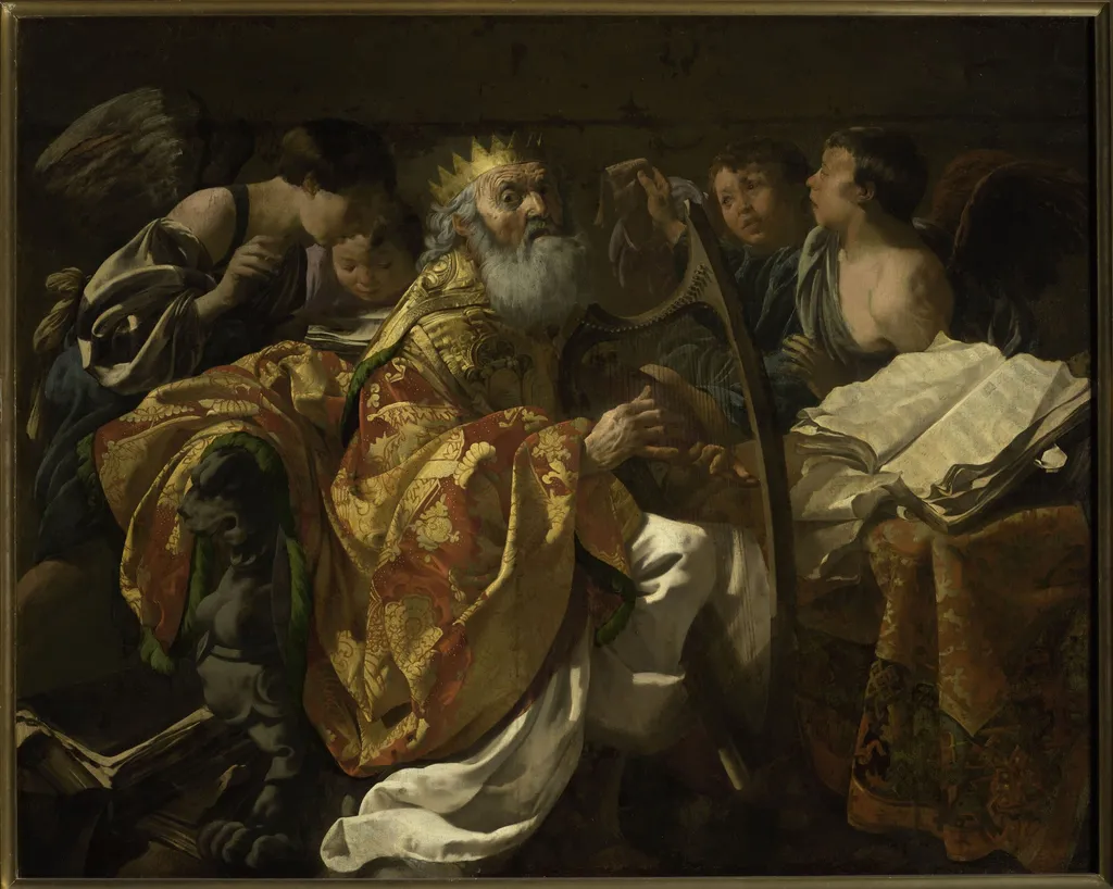 King David playing the harp among angels, by Hendrick ter Brugghen, oil, 1628