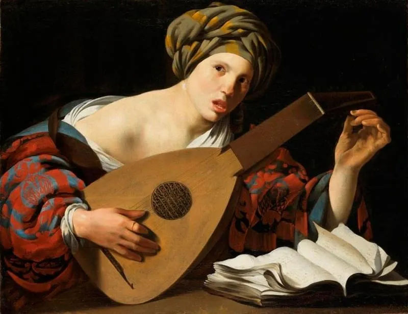 Young woman tuning a lute, by Hendrick ter Brugghen, oil, 1626