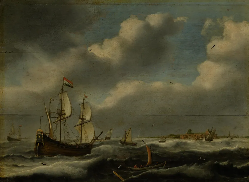 Moving sea with ships, by Hendrick van Anthonissen, oil, 1638