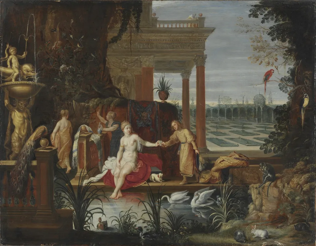 Bathseba in the Bath Receiving the Letter from King David, by Hendrick van Balen the Elder, oil