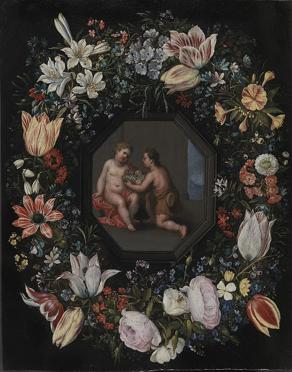 Blomsterkrans med Jesus og Johannes, by Hendrick van Balen the Elder, unspecified, 1611