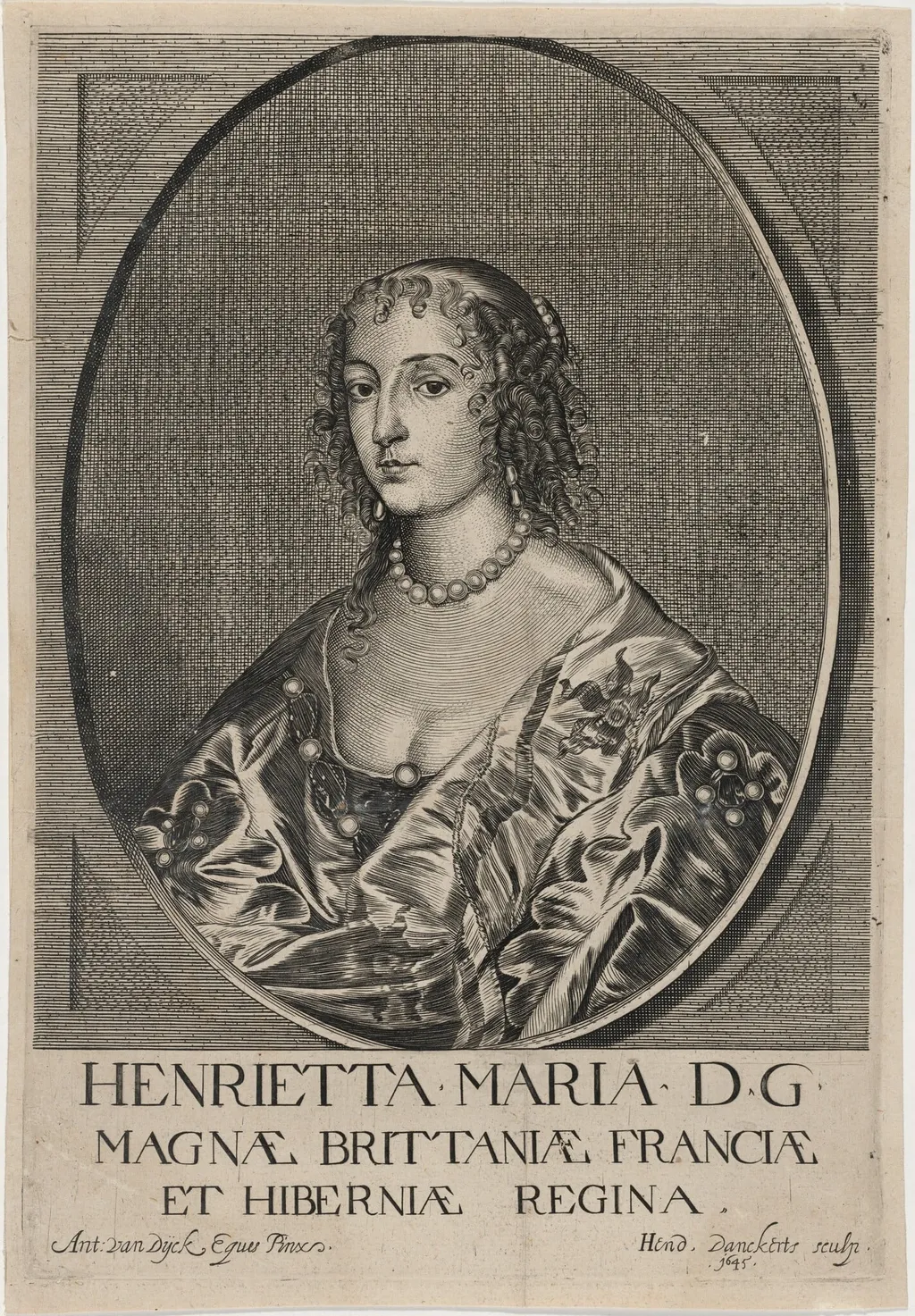 Henrietta Maria, Queen of Charles I, by Hendrik Danckerts, ink, 1652