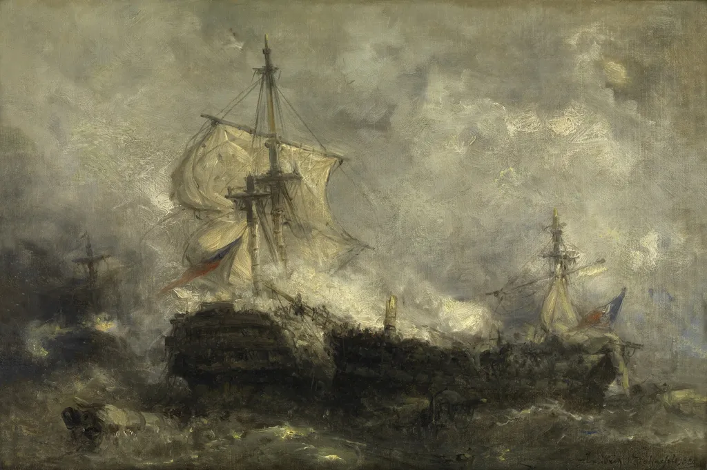 A Naval Battle, by Hendrik Frans Schaefels, oil, 1890