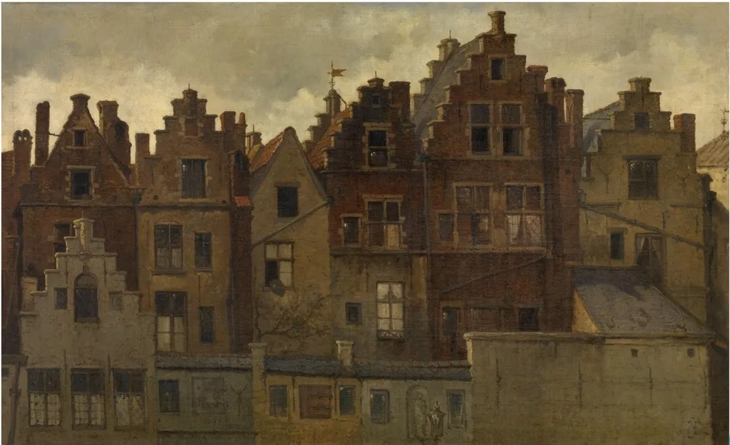 Facades on the Handschoenmarkt, Antwerp, by Hendrik Frans Schaefels, oil, 1873