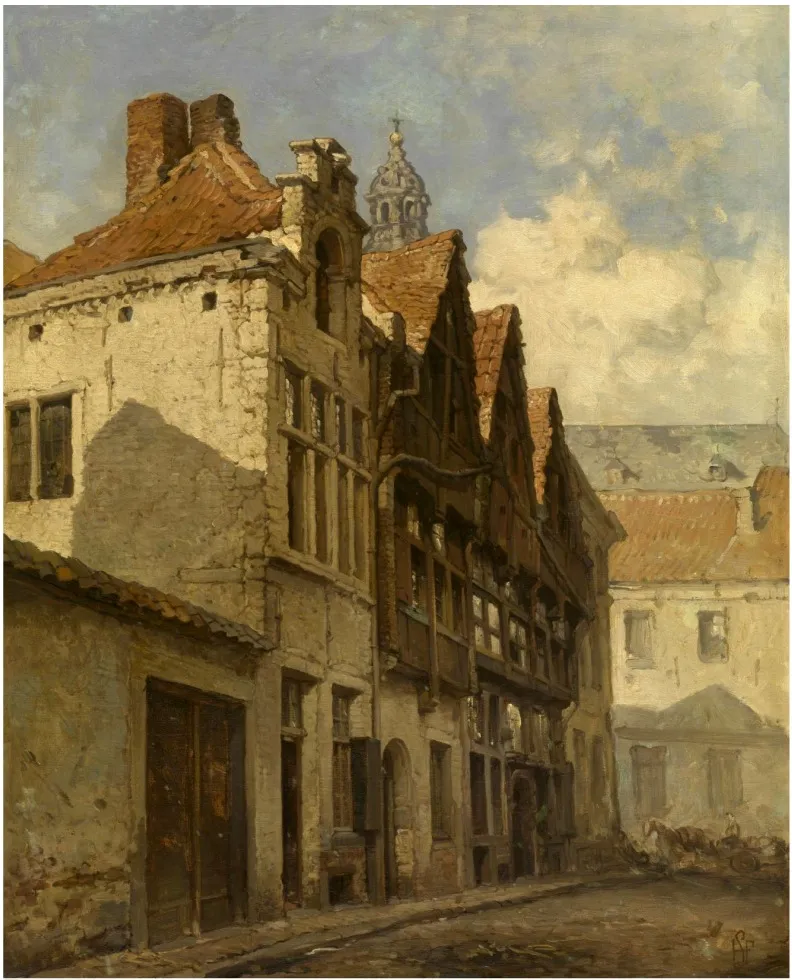 The Stoelstraatje and the tower of the Saint Paul's Church, by Hendrik Frans Schaefels, oil, 1869