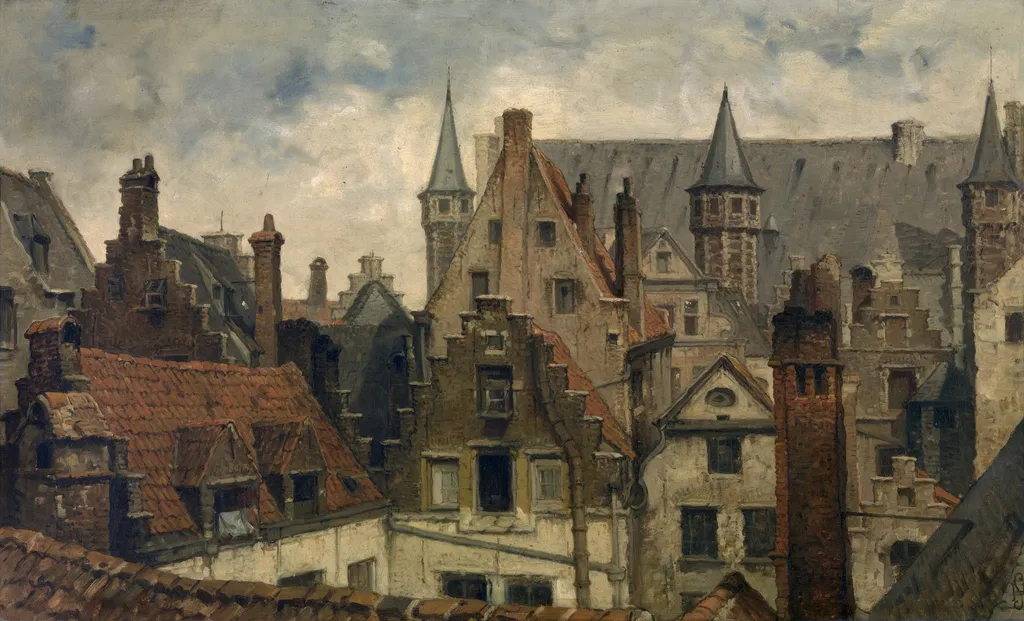The Vleeshuis, Old Roofs and Crow-Stepped Gables, by Hendrik Frans Schaefels, oil, 1875