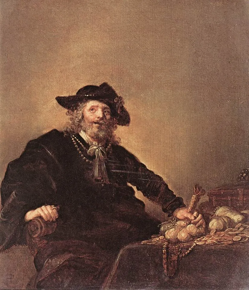Old man seated at a table laid with coins, by Hendrik Gerritsz Pot, oil, 1645