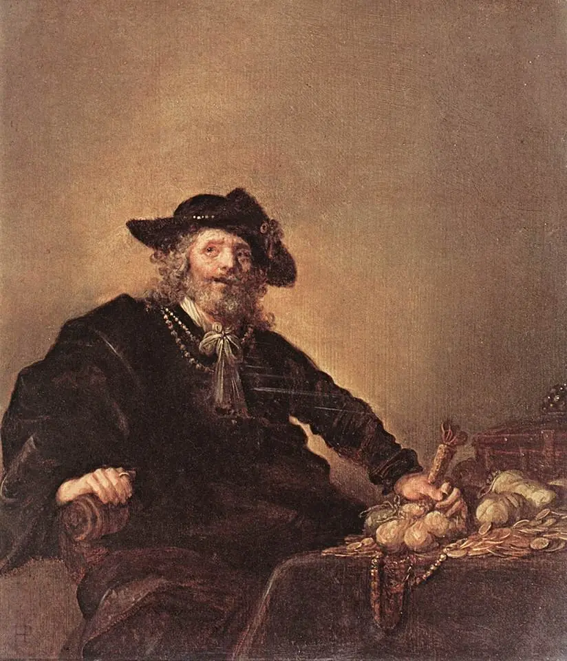 Old man seated at a table laid with coins, by Hendrik Gerritsz Pot