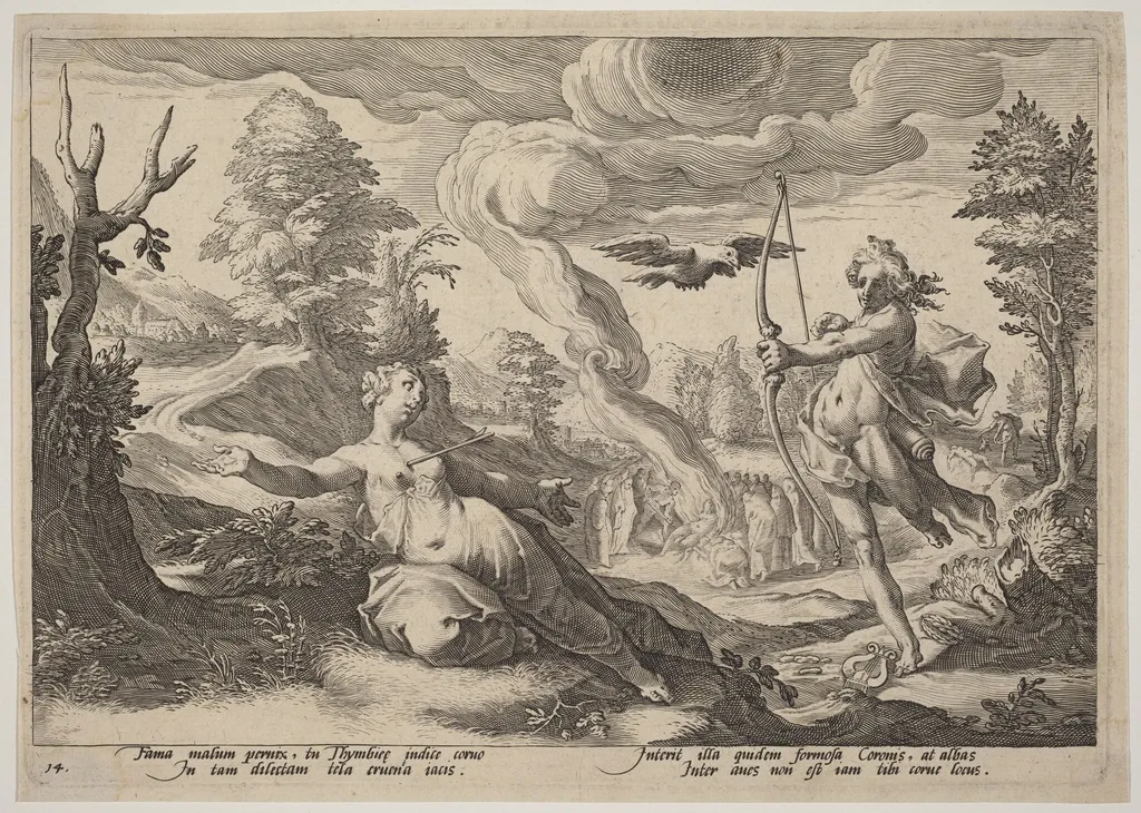 Apollo Killing Coronis, by Hendrik Goltzius, ink, 1600