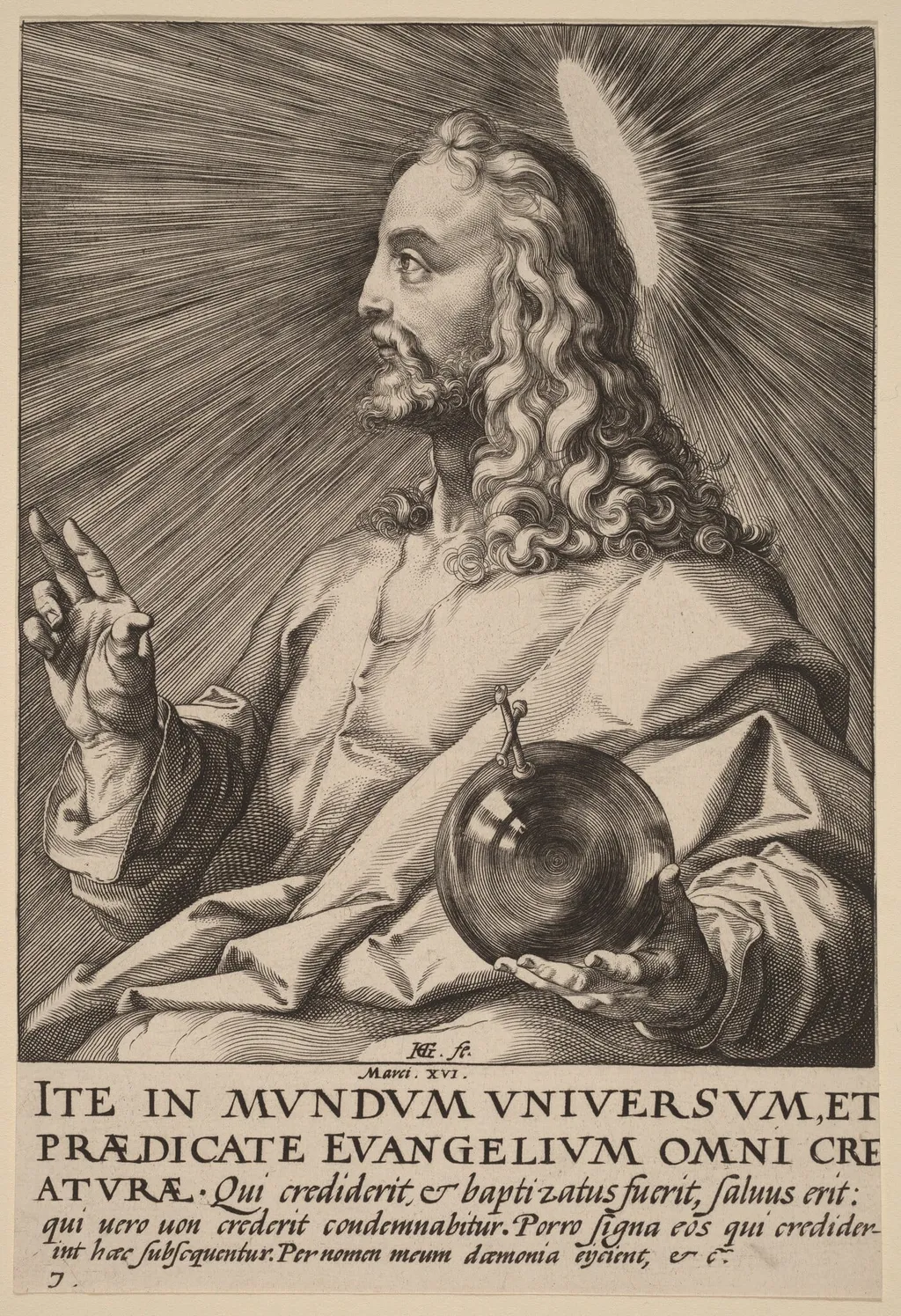 Christ as Salvator Mundi, by Hendrik Goltzius, ink, 1589