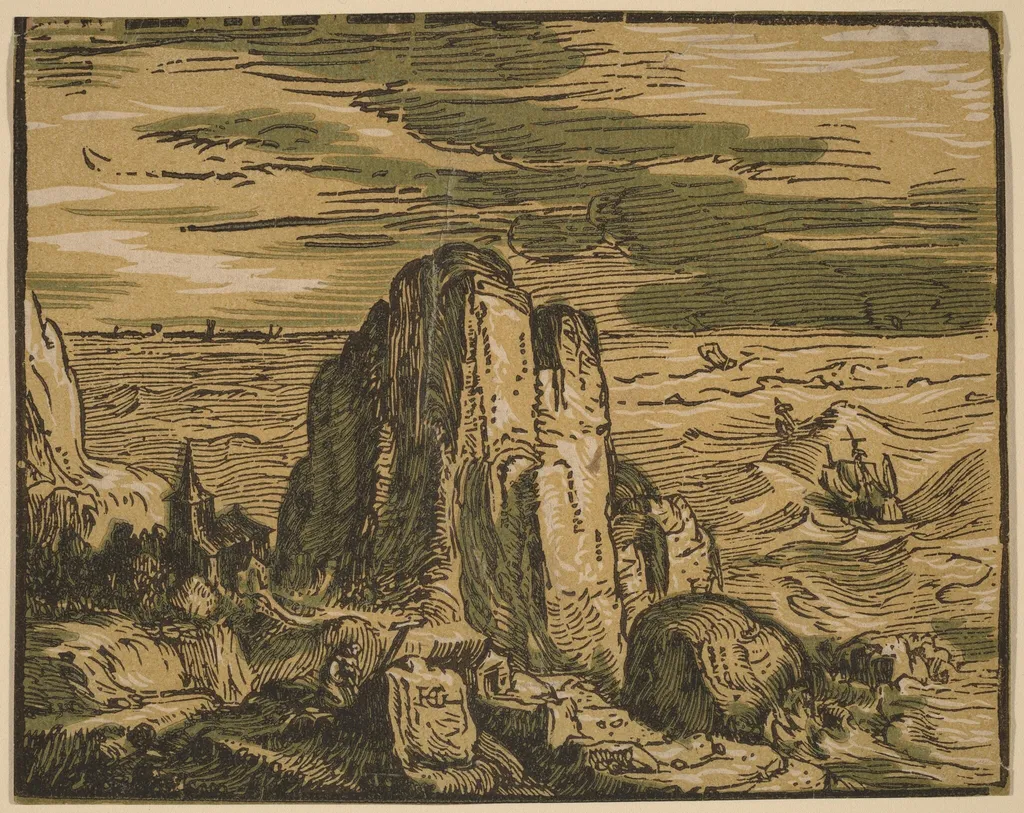 Cliff on a Seashore, by Hendrik Goltzius, ink, 1594