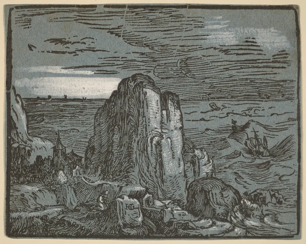 Cliff on a Seashore, by Hendrik Goltzius, ink, 1594