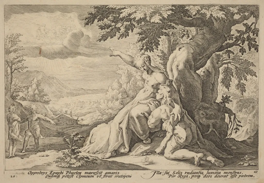 Clymene Urging Phaeton to Find Helios, by Hendrik Goltzius, ink, 1589