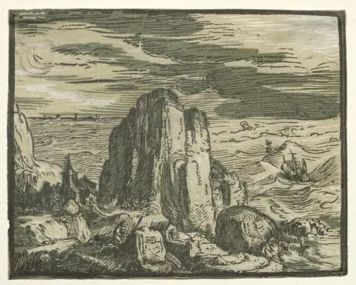 Four Small Landscapes: No. 4, Cliff on the Seashore, by Hendrik Goltzius