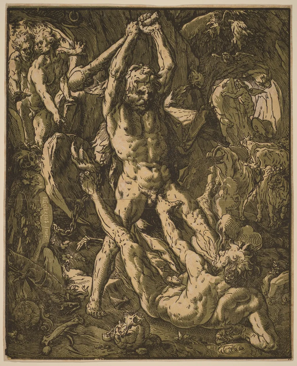 Hercules Killing Cacus, by Hendrik Goltzius, ink, 1588