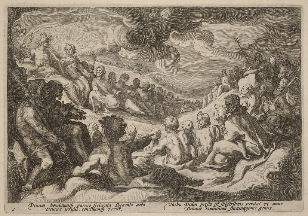 Jupiter Taking Counsel from the Gods about the Destruction of the Universe, by Hendrik Goltzius, ink, 1589
