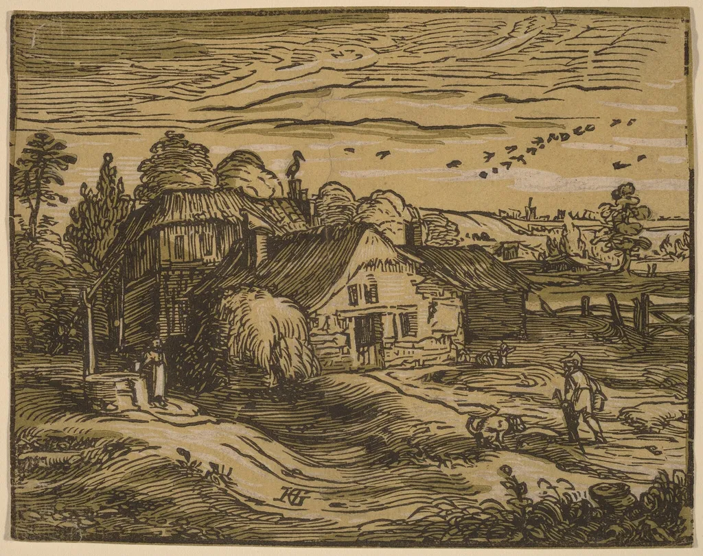 Landscape with a Farmhouse, by Hendrik Goltzius, ink, 1594