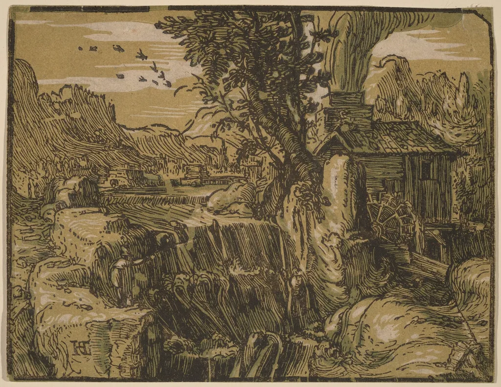 Landscape with a Waterfall, by Hendrik Goltzius, ink, 1594
