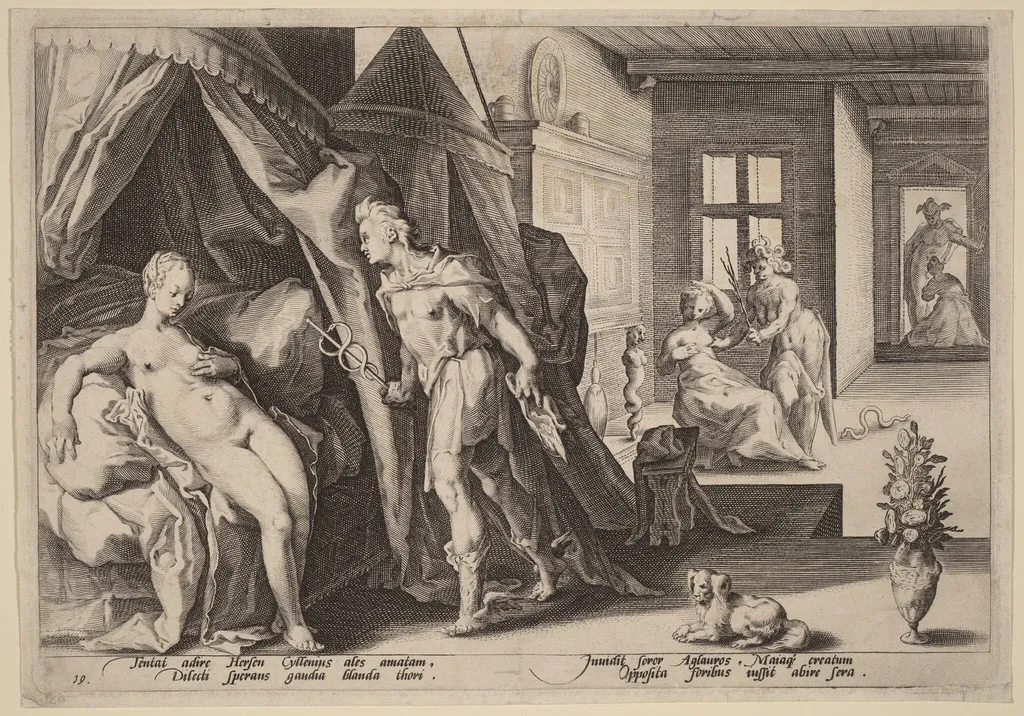 Mercury Entering Herse's Room after Changing Agraulos to Stone, by Hendrik Goltzius, ink, 1590